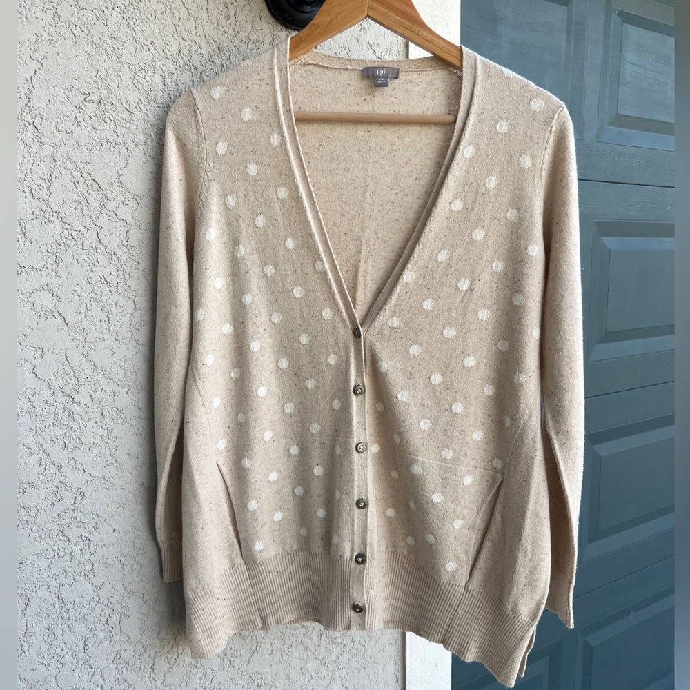 J. Jill Beige Oatmeal White Polka Dot Button Cardigan With Pockets Size XS